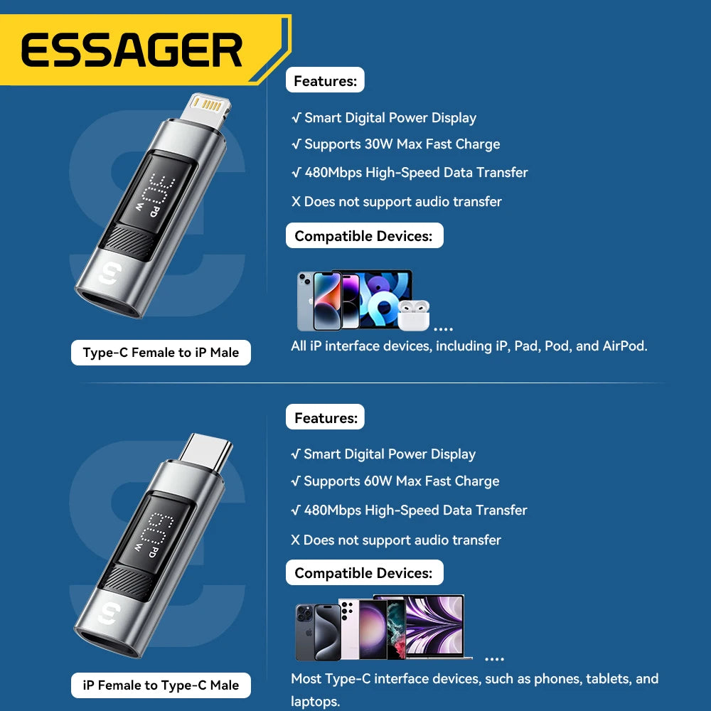 Essager Type C to Lighting OTG Adapter Digital Display PD 60W Fast Charging Lightning To Type C Connector For iPhone 15 14 13 12