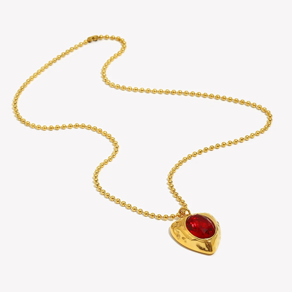 E.B.belle PVD Plated Beaded Chain Heart Shape Red Gemstone Pendant Necklace Stainless Steel Shiny Vintage Neck Jewelry