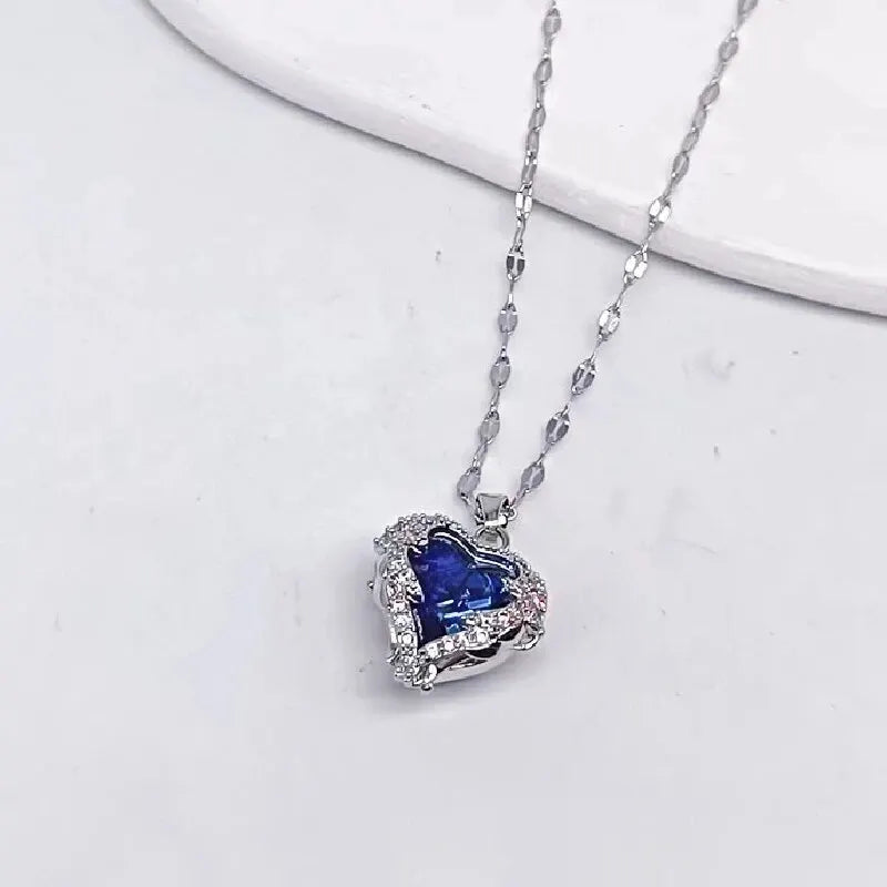 1 Pcs Romantic Couple Glass Encrusted Bronze Zircon Ocean Heart Pendant Combination Of Titanium Steel Chain