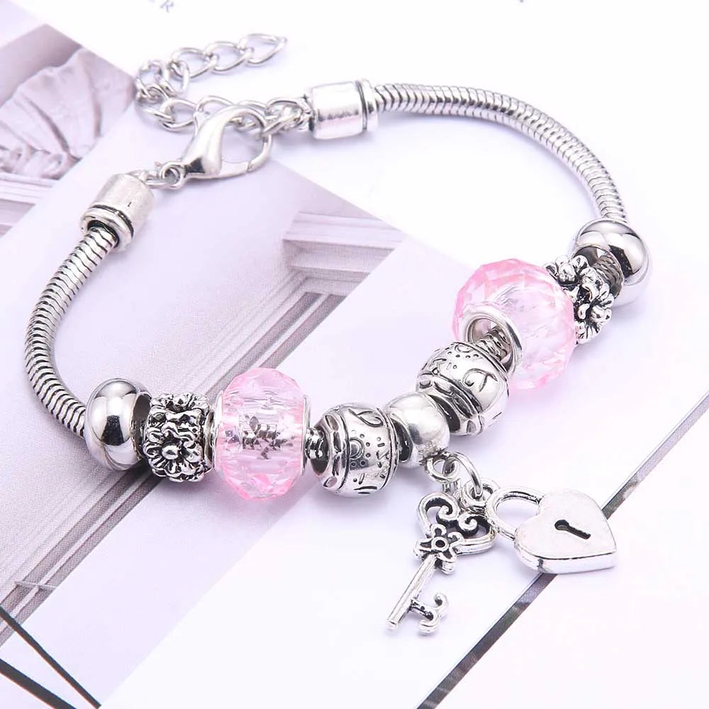 Pink Charm Bangle Lobster Buckle Snake Chain Beaded Bangles For Women Summer Romantic Gift Fashion Butterfly Bracelet Jewelry