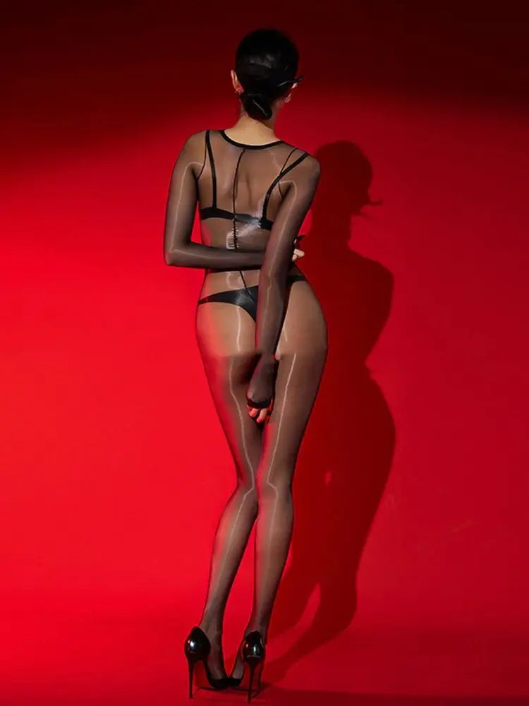 Sexy Women 1D Thin Oil Glossy Shiny Elastic Bodysuit Sheer See Through Dot Maid Tights Jumpsuits Dance Shapping Leotard