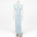 Tossy Ruffled Hollow Out Knit Long Dress Women V-Neck Fashion Patchwork See-Through Beach Holiday Dress Knitwear Female Dress