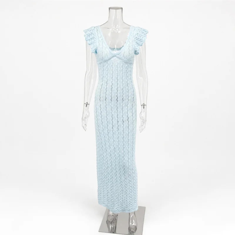 Tossy Ruffled Hollow Out Knit Long Dress Women V-Neck Fashion Patchwork See-Through Beach Holiday Dress Knitwear Female Dress