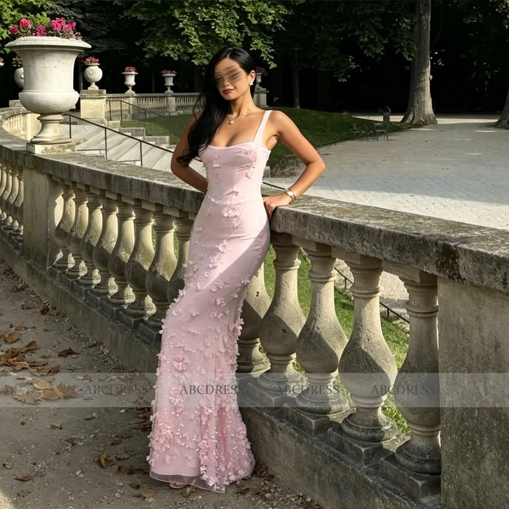 Customized Square Neck Spaghetti Strap Long Prom Dress 3D Floral Appliques Floral Formal Evening Mermaid Women Bridesmaid Dress