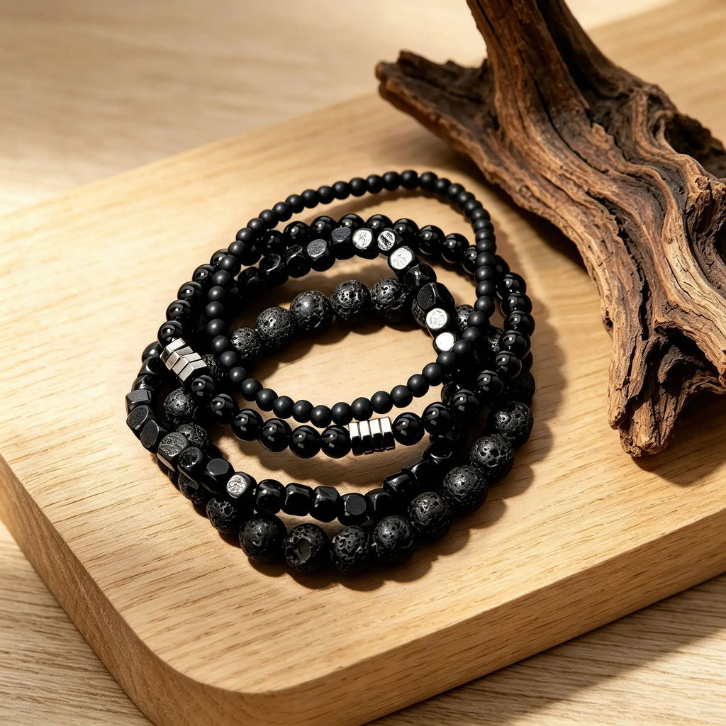 4Pcs/Set Black Gall Stone Volcanic Stone Wood Beads Multi-layer Men's Combination Elastic Bracelet For Couple Friends Jewelry