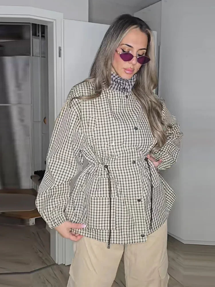 Women Grid Jackets Coat Stand Neck Single Breasted Waist-cinching Drawstring Jackets Female Spring Chic Casual Daily Outwears