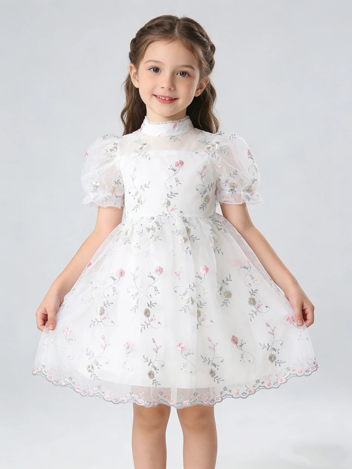 Spring And Summer Girls Flower Embroidery Princess Sleeves Sweet And Cute Hosting Banquet Mesh Dress