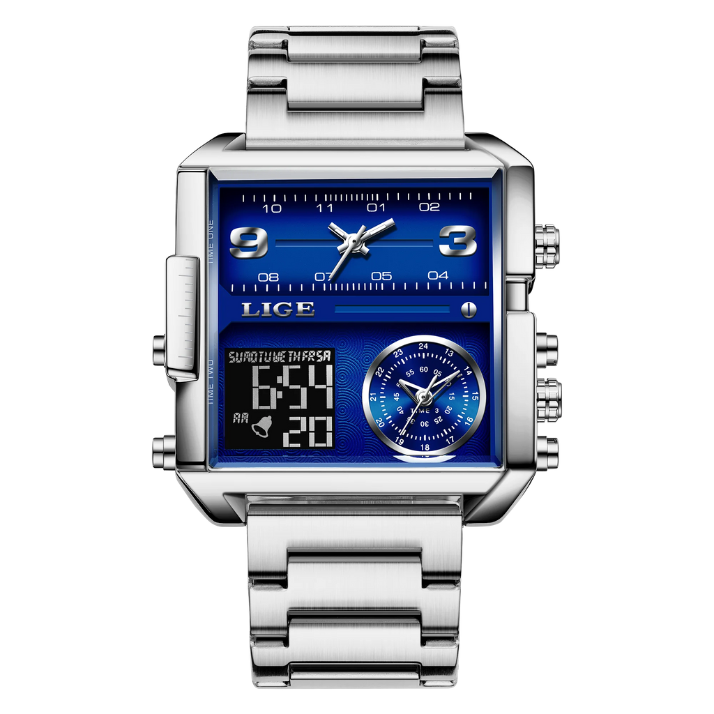LIGE New Top Brand Luxury Fashion Men Watches Gold Steel Sports Square Digital Analog Big Quartz Watch for Man relogio masculino