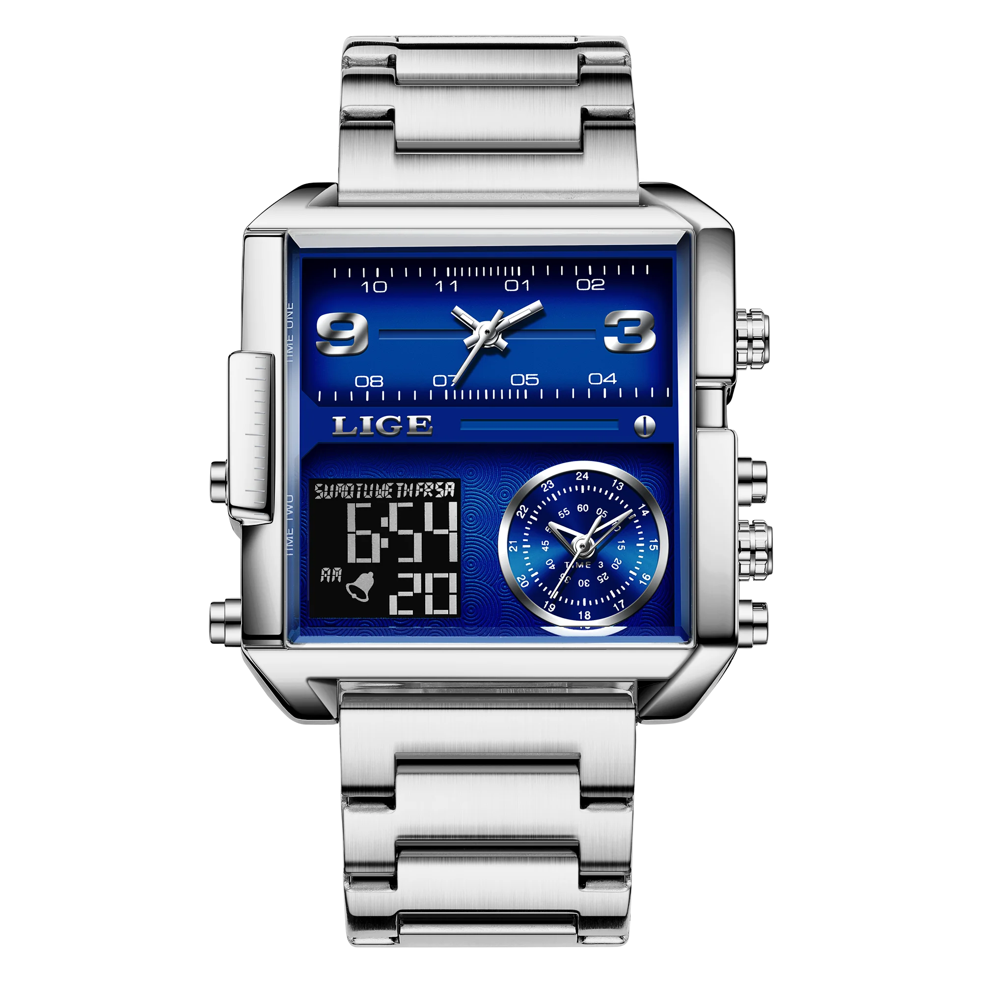LIGE New Top Brand Luxury Fashion Men Watches Gold Steel Sports Square Digital Analog Big Quartz Watch for Man relogio masculino