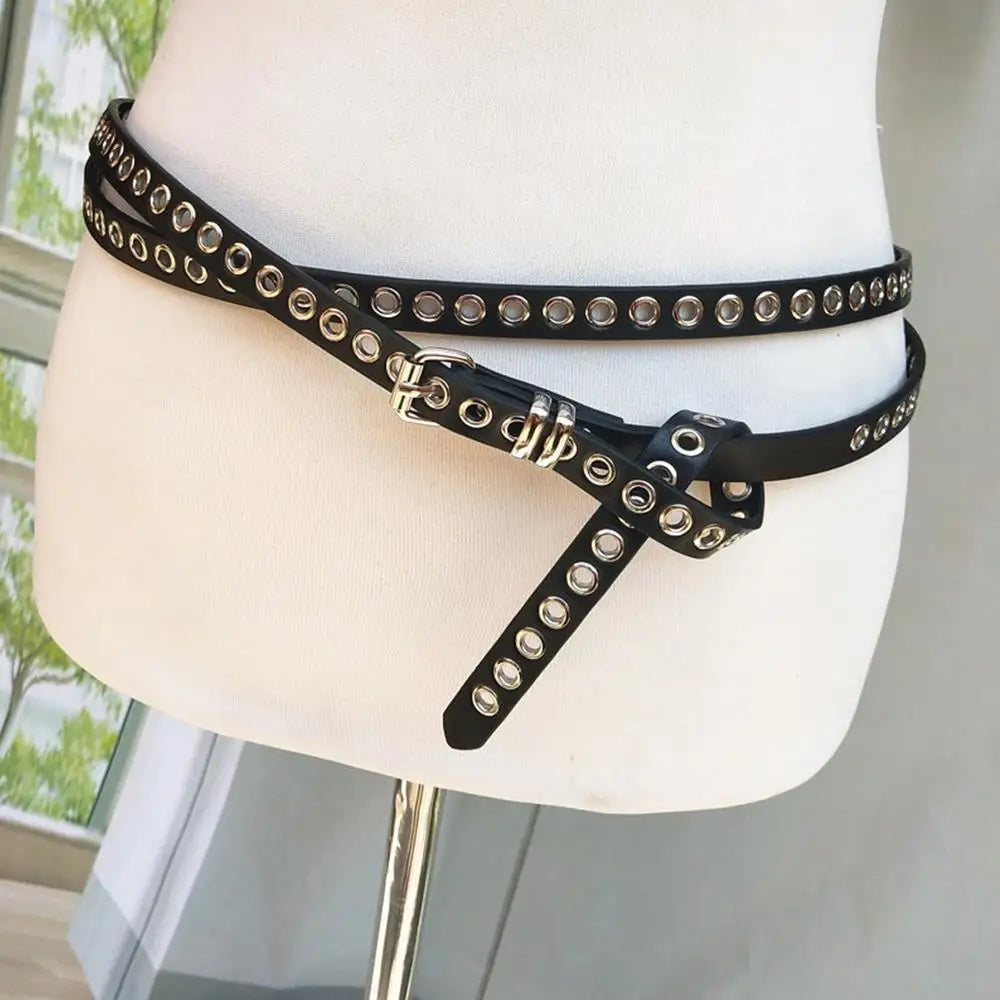 Rivet Eyelet DIY Wear PU Leather Waist Belt Double Circle Waist Chain Knotted Extra Long Thin Waistband Double Layer Hole Belt