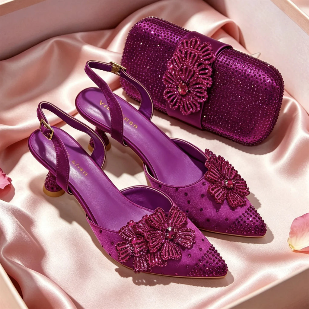 New Design Women Nigerian Italian Shoes and Bags Set Decorated with Rhinestone Women Shoes and Bags To Match Set Italy Lady