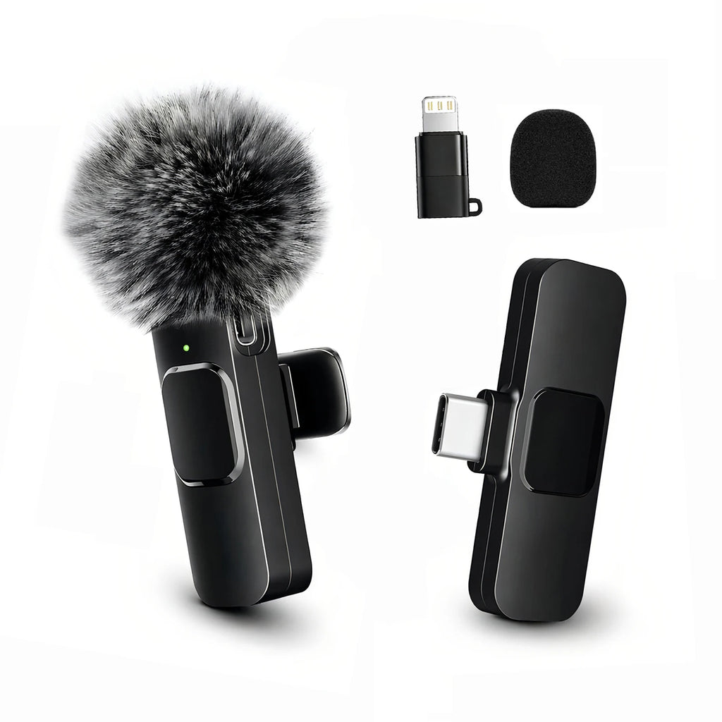 Wireless Lavalier Microphone with Furry Windscreen, Type-C&Lightning Adapter, Mini Clip Mic, Android, iPhone, Tablets, Laptops