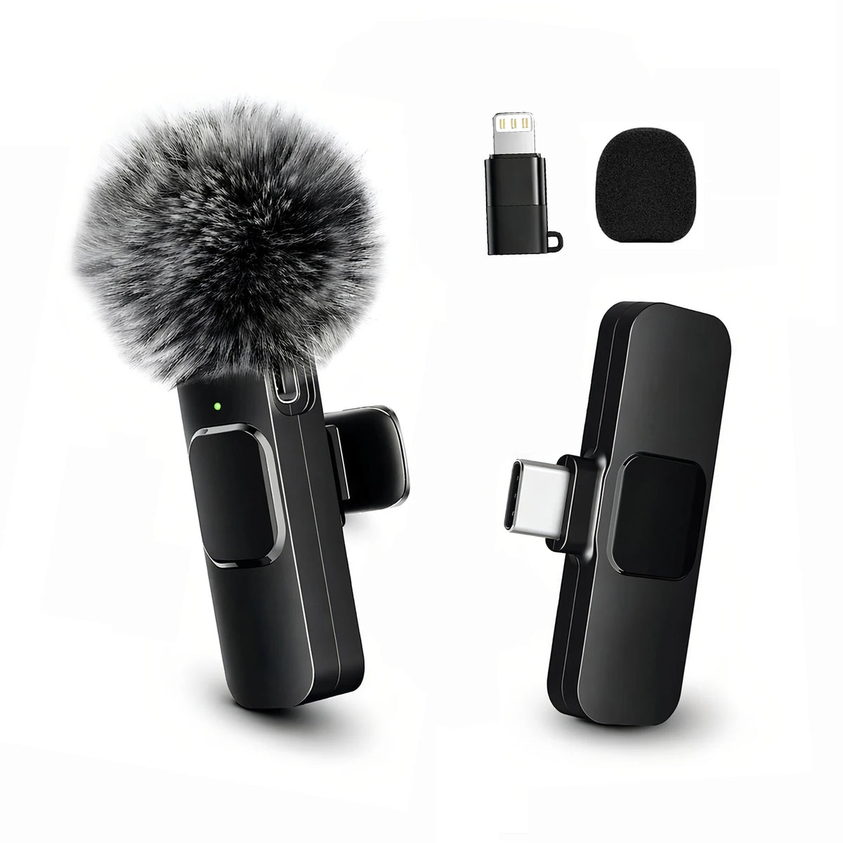 Wireless Lavalier Microphone with Furry Windscreen, Type-C&Lightning Adapter, Mini Clip Mic, Android, iPhone, Tablets, Laptops