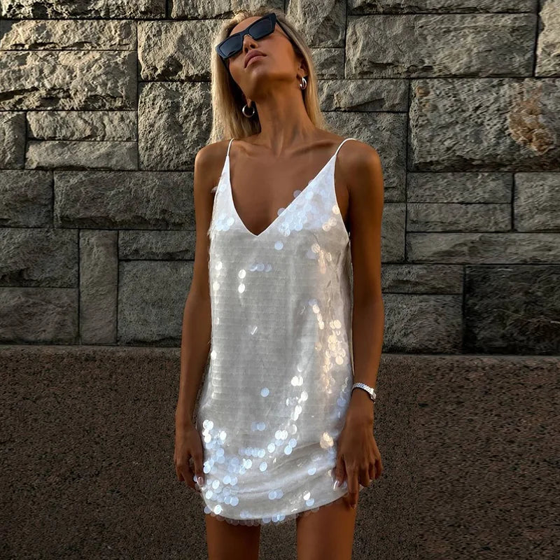 Sexy Sequined Women's Dress Sleeveless V-Neck Sling Loose Lady Mini Dresses 2026 Summer Autumn Chic Female Vacation Robe