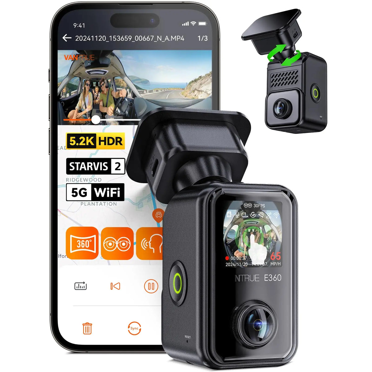 Vantrue E360 DashCam 5.2K 360° Panoramic 5GHz WiFi&GPS Dual STARVIS 2 HDR Voice Control Touch Control Car accessoriesr
