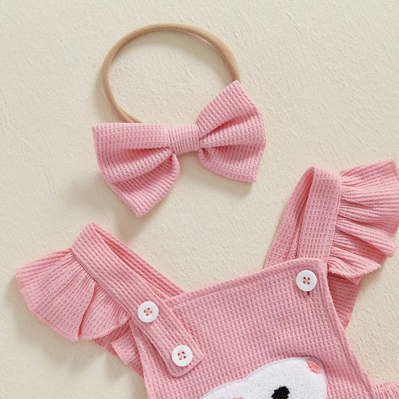 Newborn Baby Girl Easter Outfit Carrot Embroidery Romper Waffle Ruffle Bodysuit Headband Summer Outfit 0-18M