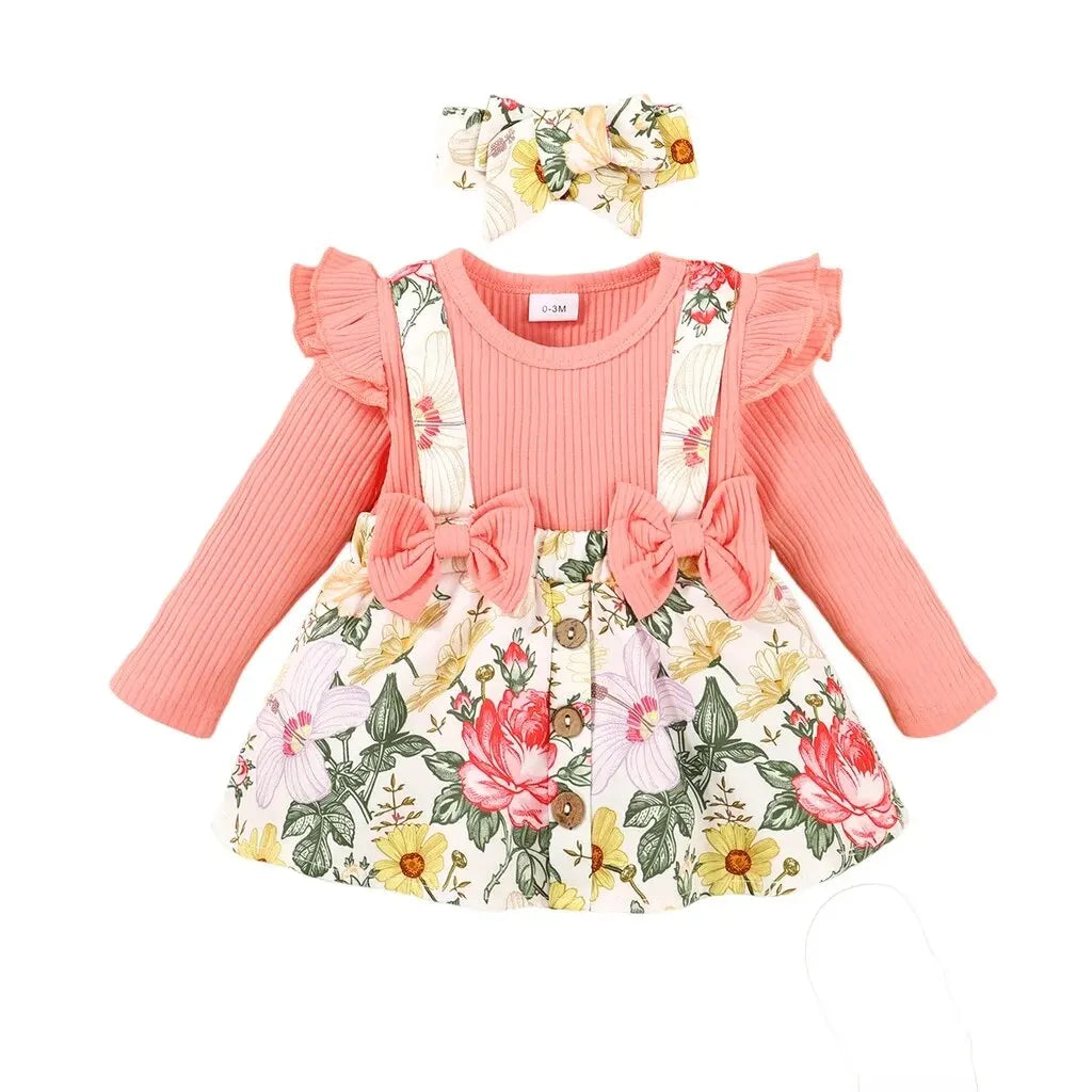0-18 Months Newborn Baby Girl Clothes Baby Flower Romper Dress Long Sleeves Bodysuit+Headband Infant Girl 2PCS Cute Costume