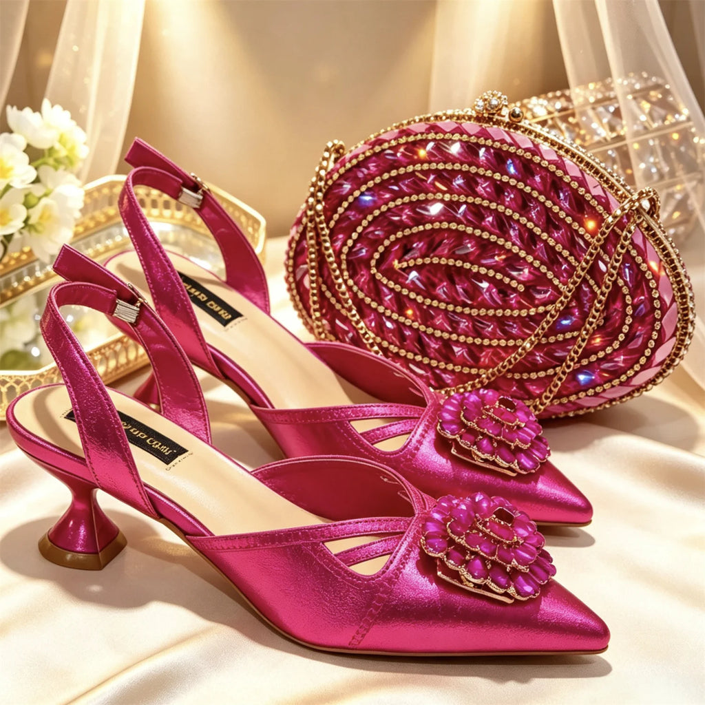 Shimmery Glitter Slingback Women High Heels Fuchsia Shoes and Matching Bag Set Rhinestone Wedding Party Banquet Events