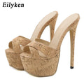 Eilyken Sexy Super High Heels Slippers Sandals Women PU Leather Party Shoes Fashion Platform Peep Toe Slip On Mules