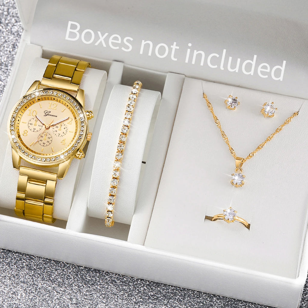 6PCS/Set Women's Watch Fashion Rhinestone Stainless Steel Band Quartz Watch Jewelry Set Reloj Mujer (Without Box)