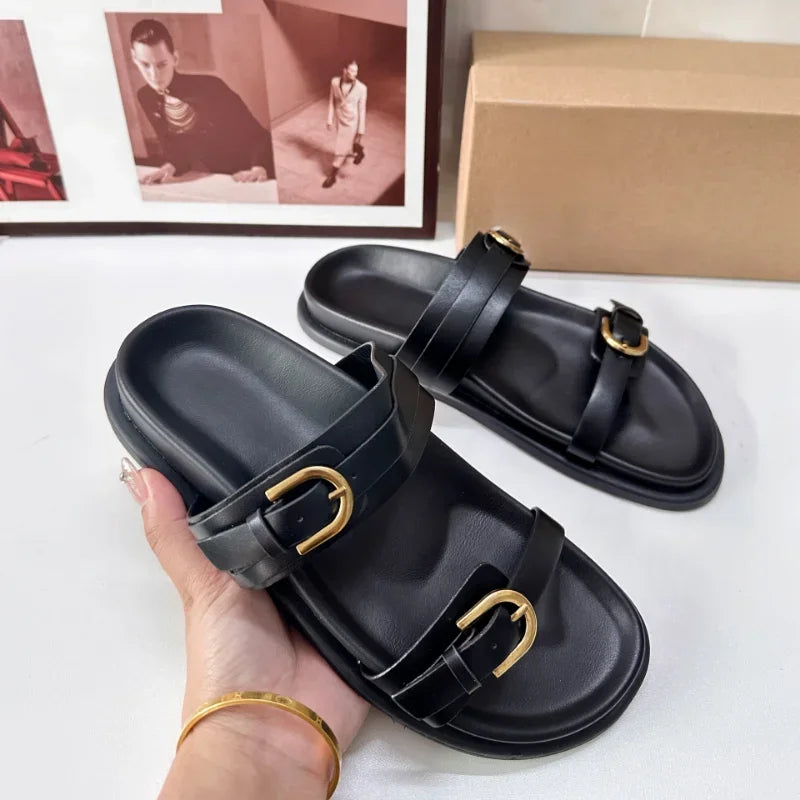 Women's Leopard Print Platform Sandals 2026 Summer Chunky Double Buckle Design Casual Beach Shoes Open Toe Flat Footwear