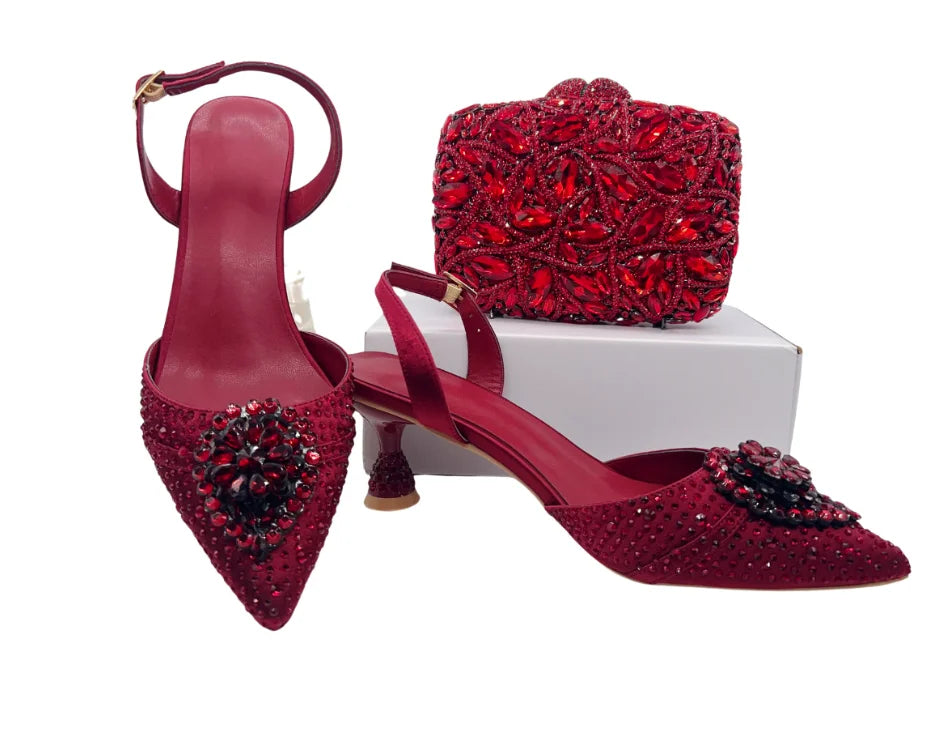 INSIGHTLINK Wine Color Rhinestone high heel shoes And Bag Fashion Style Pointed-Toe Shoes For Women Luxury Wedding Party Sandals