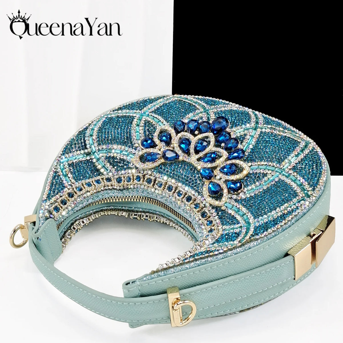 Queena Yan Sky Blue Elegant Nigerian Rhinestone Wedding Shoe and Bag Set Italian Inspired High Heels and Matching Handbag