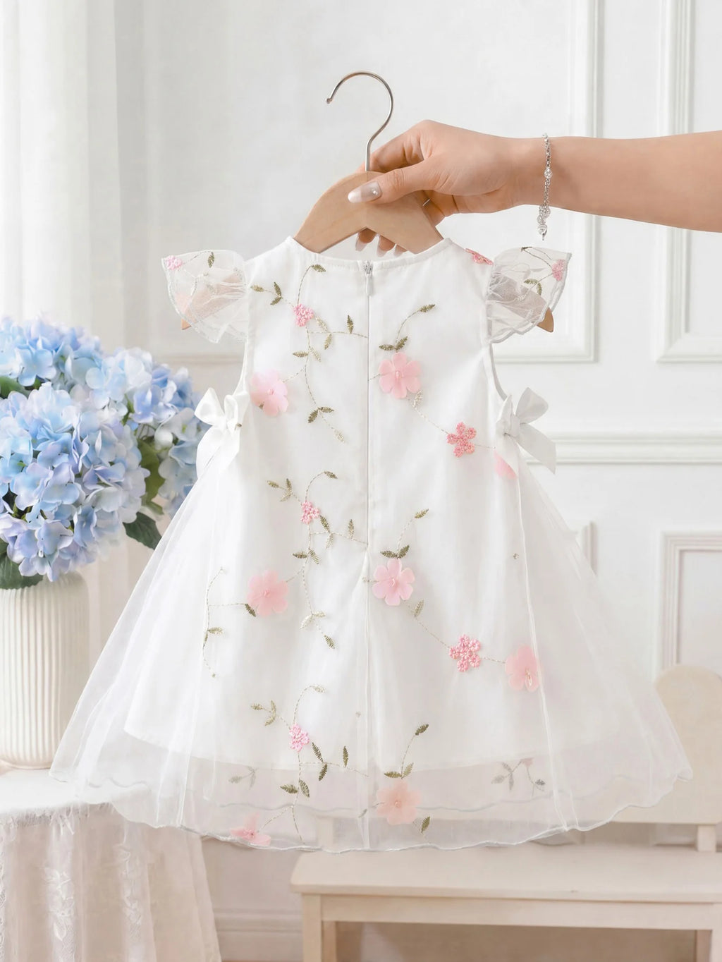 Toddler Fly Sleeve Floral Embroidery Tulle Dress Infant Birthday Princess Outfit