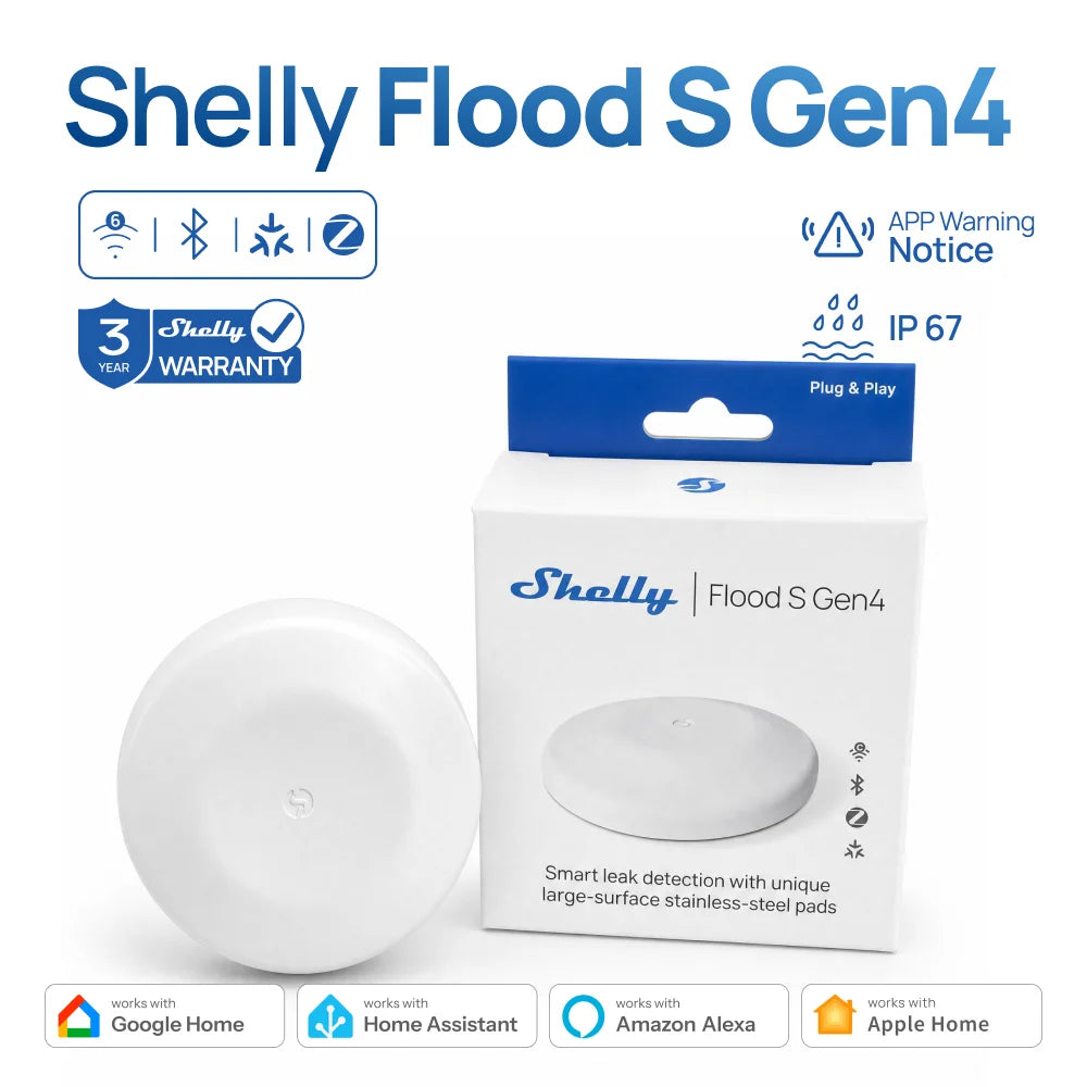 Shelly Flood S Gen4 Zigbee Water Sensor Flood Leak Detecto Matter Remote Monitoring for Kitchen/Bathroom Support Home Assistant