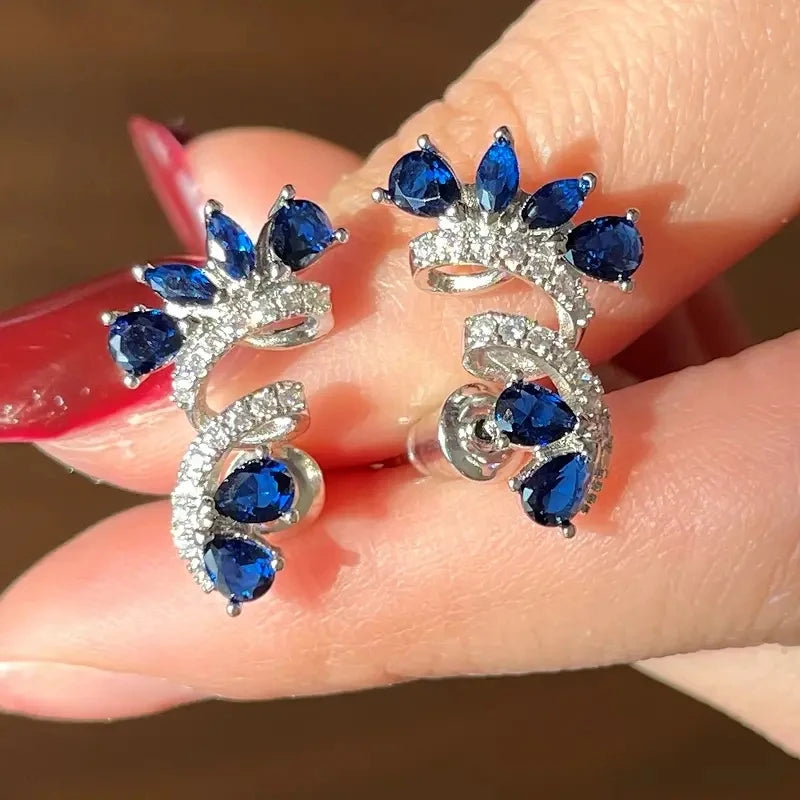 Shining Blue Zircon Flower Earrings for Women's Temperament, Banquet Jewelry, Anniversary Gift