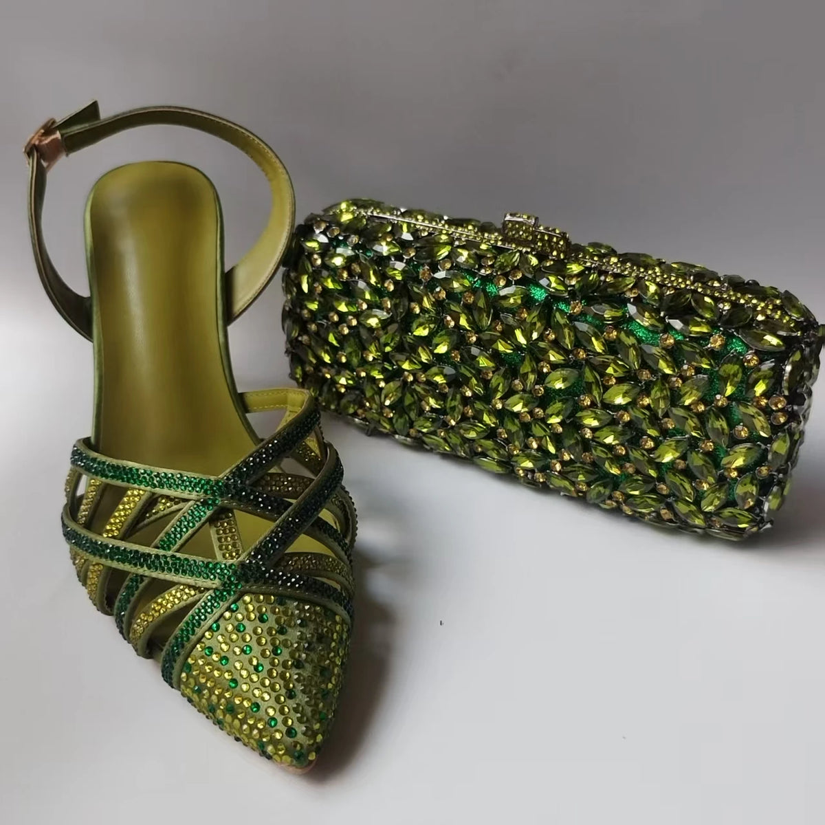 INSIGHTLINK Luxury Olive Green Rhinestones Women's Shoe and Bag Set for Party Wedding Crystals Heeled Pumps and Handbag Sandals