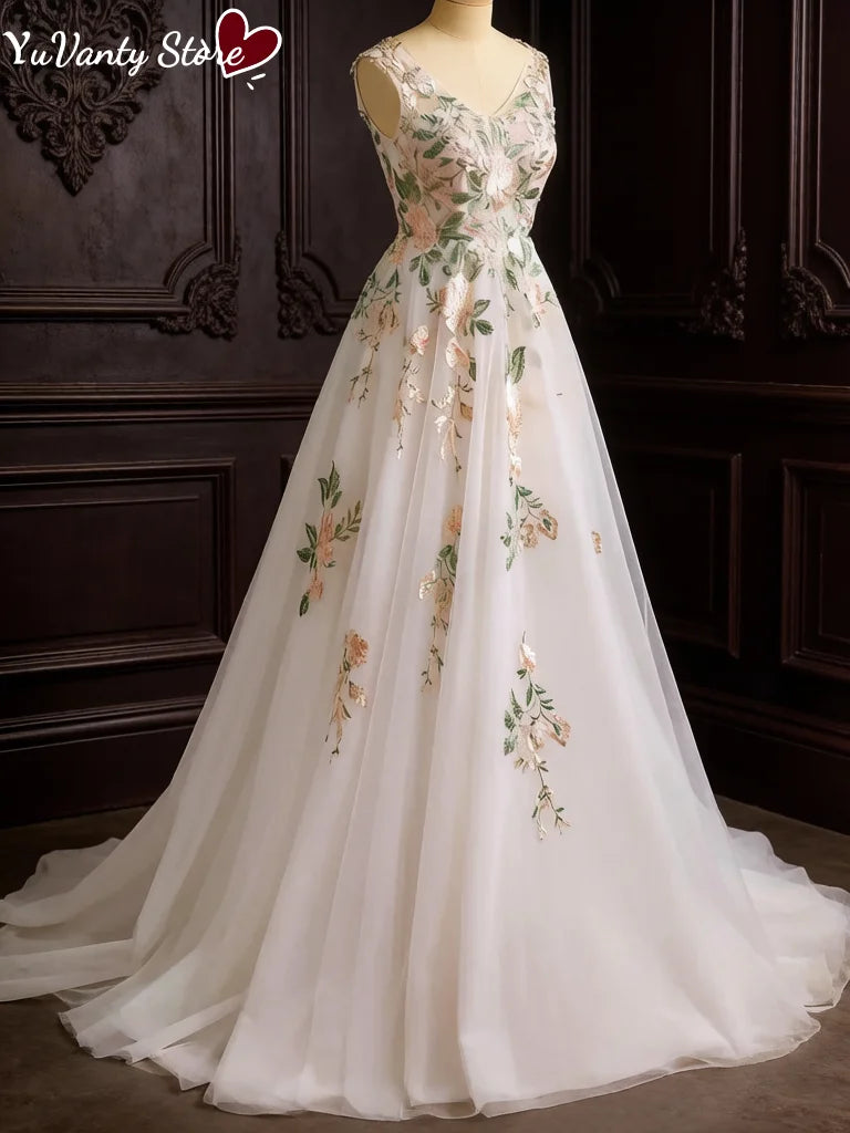 Customized A Line Tulle Wedding Dress Sleeveless V Neck V Back Colorful Floral Embroidery Bridal Gown Beach Wedding Dress