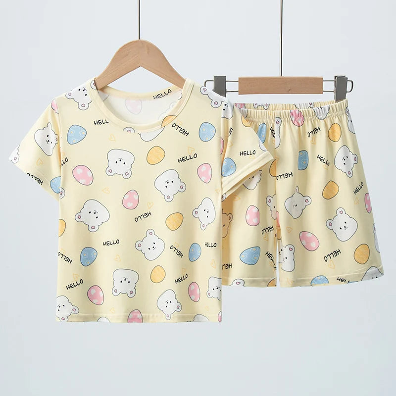 2 Pcs Children's Fun Printing Suit Boy Multicolor Dinosaur Short Sleeve Girl Sweet And Lovely Bow Comfortable Joker Shorts Suit