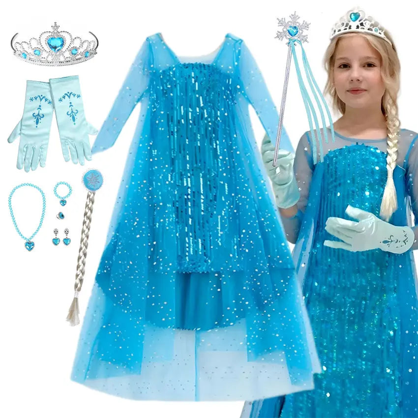 Girl Stunning Princess Maxi Dress All Body Sequin Covered Blue Train Sparkly Tulle Costume Snow Queen Party Elsa Cosplay Outfit