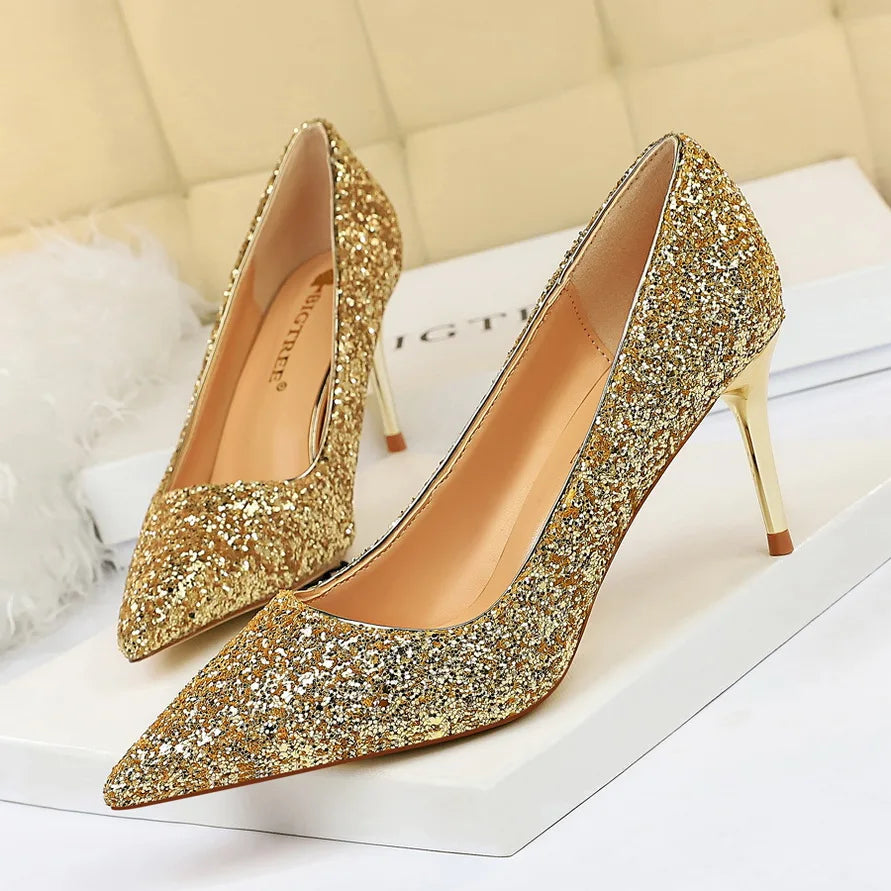 Women 7cm 9.5cm High Heels Bling Pumps Wedding Bridal Scarpins Sparkly Heels Lady Party Sequins Nightclub Evening Gold Red Shoes