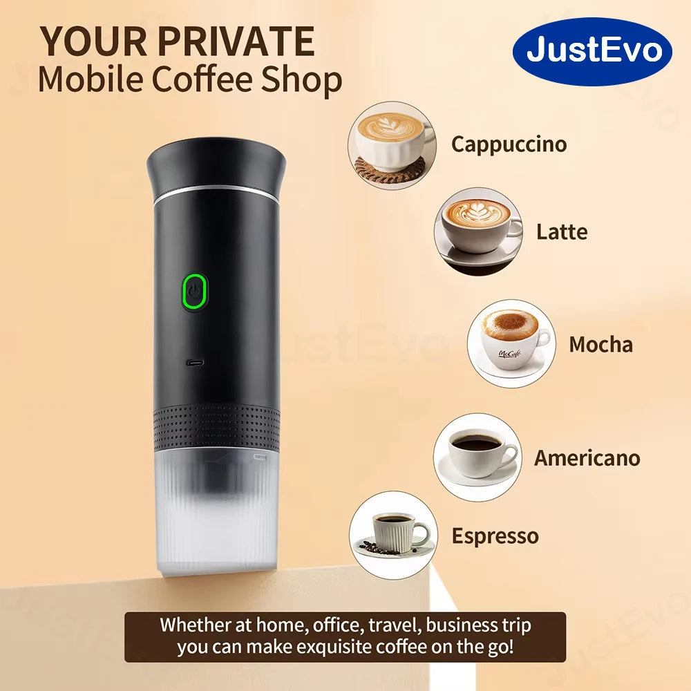 JustEvo Portable Espresso Machine 3-In-1 Travel Coffee Maker Compatible With Small Large Capsules And Ground Coffee Compact Electric Brewer For Car RV Camping Office Outdoor Your Mobile Coffee Shop