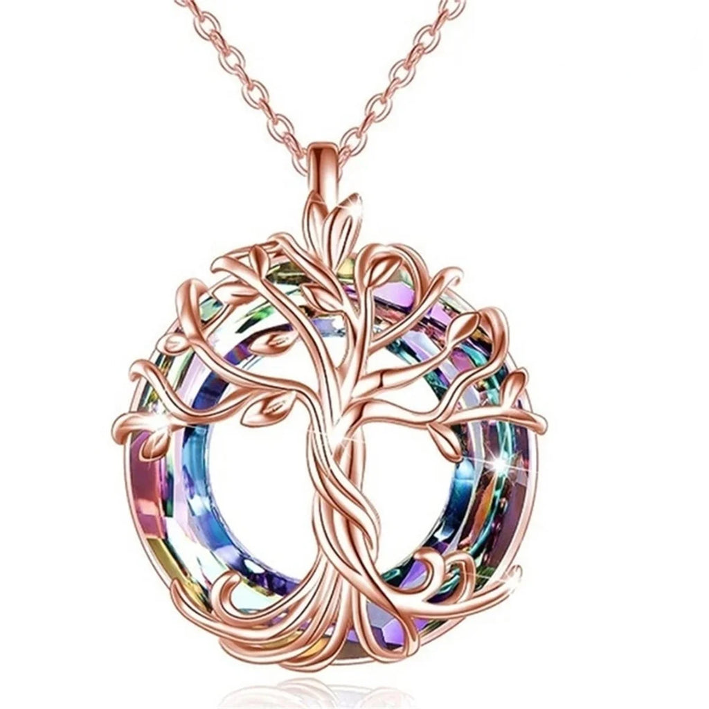 Tree of Life Necklace with Circle Crystal Exquisite Family Tree Pendant Design Jewelry Gift for Women Mom Daughter
