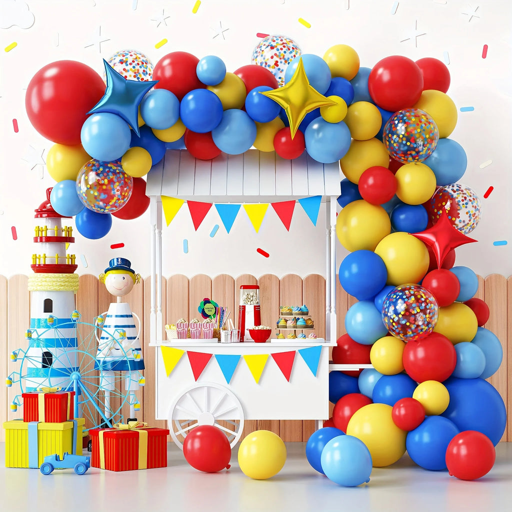139Pcs Carnival Circus Balloon Garland Arch Kit Red Blue Yellow Basic Rainbow Multi Color Latex Balloons Star Shaped Aluminum Foil Balloons With Party Whistles Puncture Resistant Not Easy To Break Multi Function Game Props Id