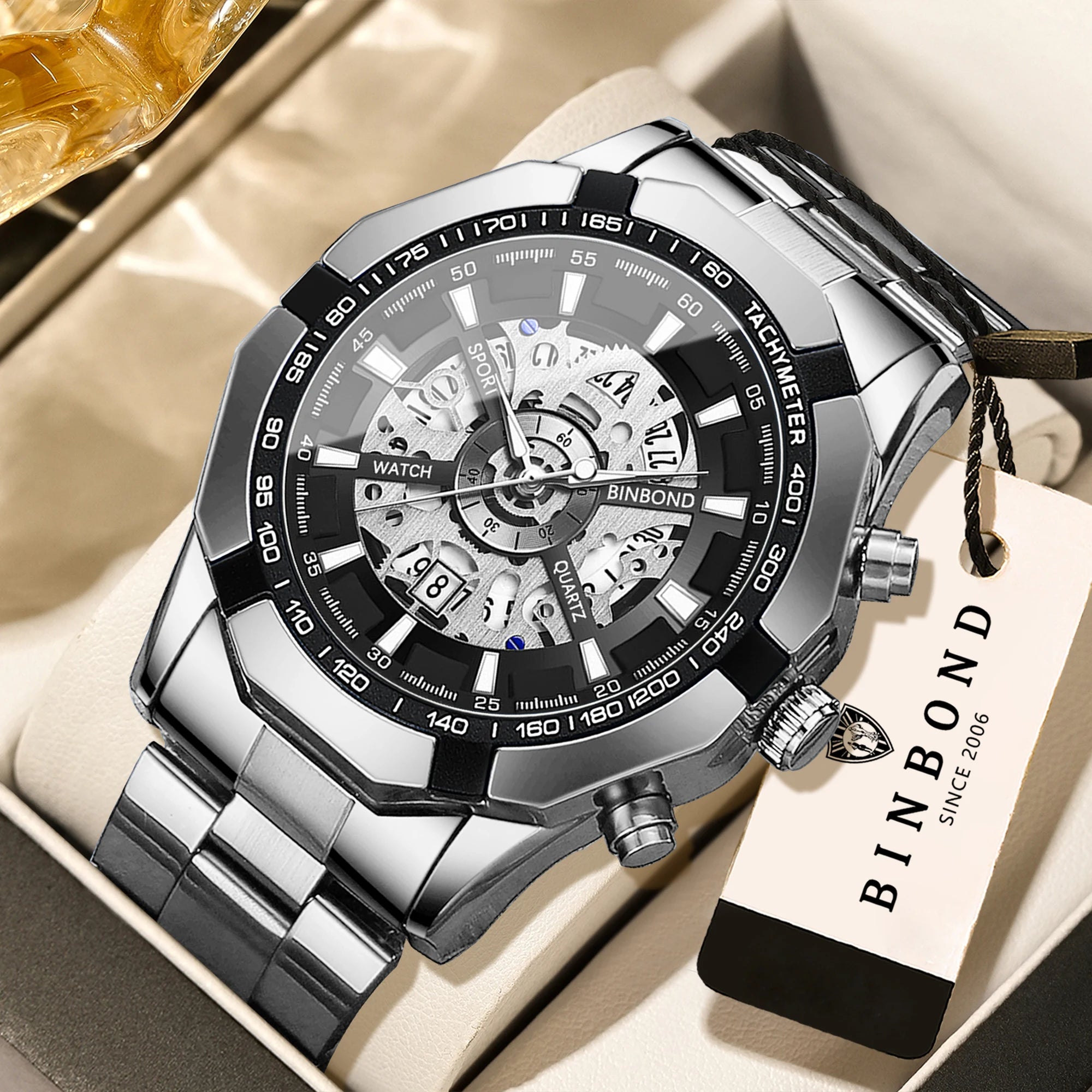 BINBOND Luxury hollow-out quartz wristwatch for men luminous waterproof chronograph men's watch business sport fashion reloj