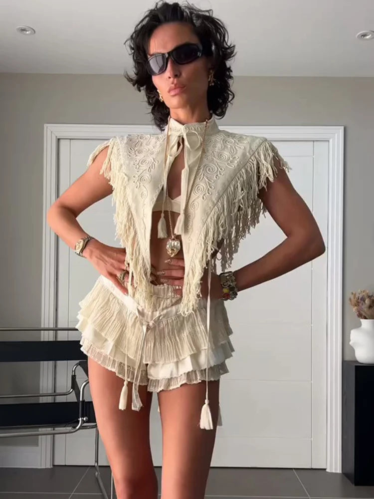 Chic Embroidery Tassel Shawl Women Stand Neck Sleeveless Lace Up Irregular Shawls Tops 2026 Summer Fashion Lady Accessories