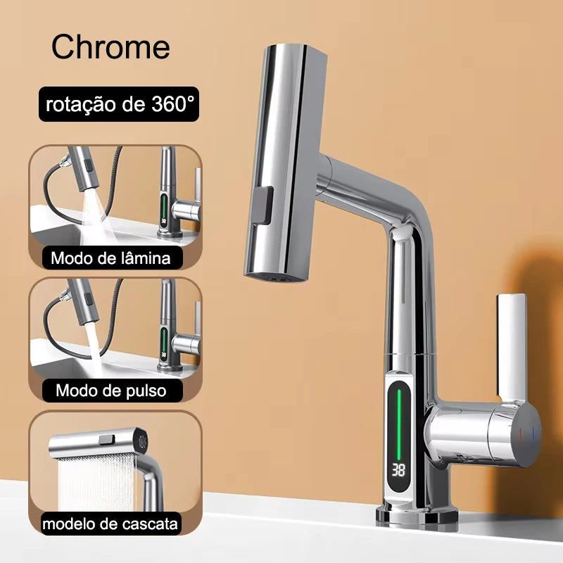 Intelligent Digital Display Pull Out Kitchen Faucet Cold Hot Mixer Taps Rotatable Sink Lifting Basin Faucet