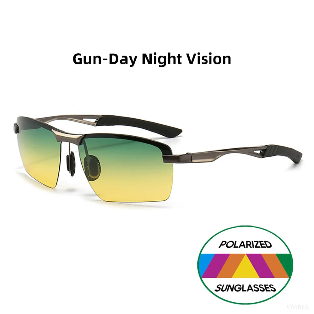 Men Day and Night Vision Glasses for Driving Yellow Polarized Lens Metal Rimless Frame UV400 Goggles Anti Glare Sunglasses