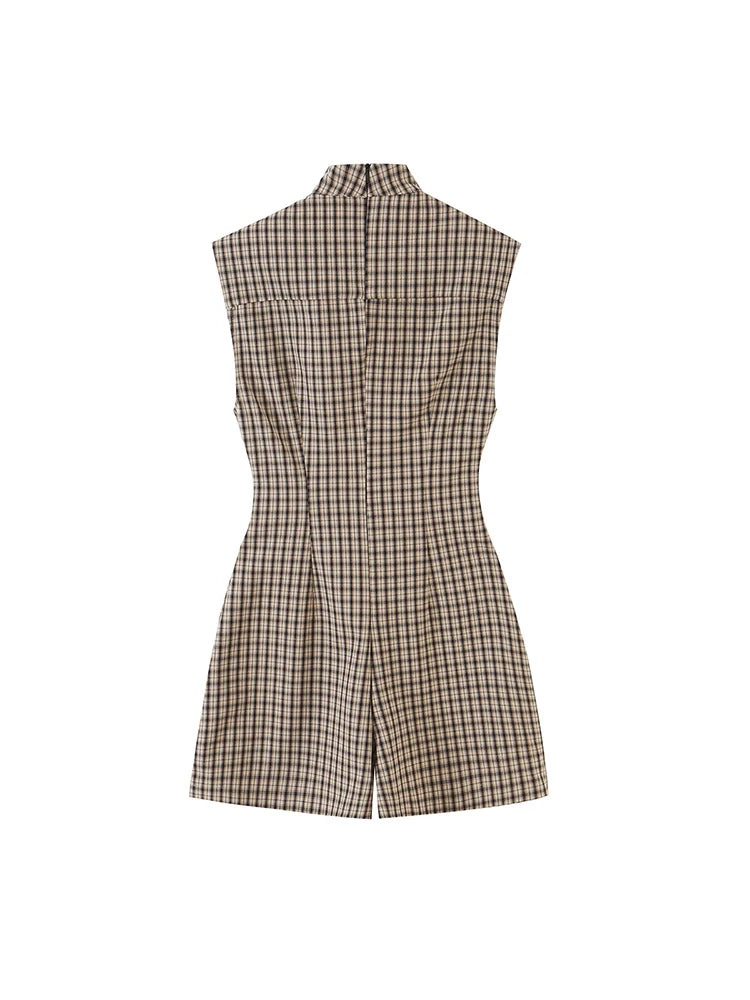 TFMLN Fashion Women Plaid Print Short Playsuits Vintage Stand Collar Elegant Sleeveless Back Zipper Slim Casual Rompers New