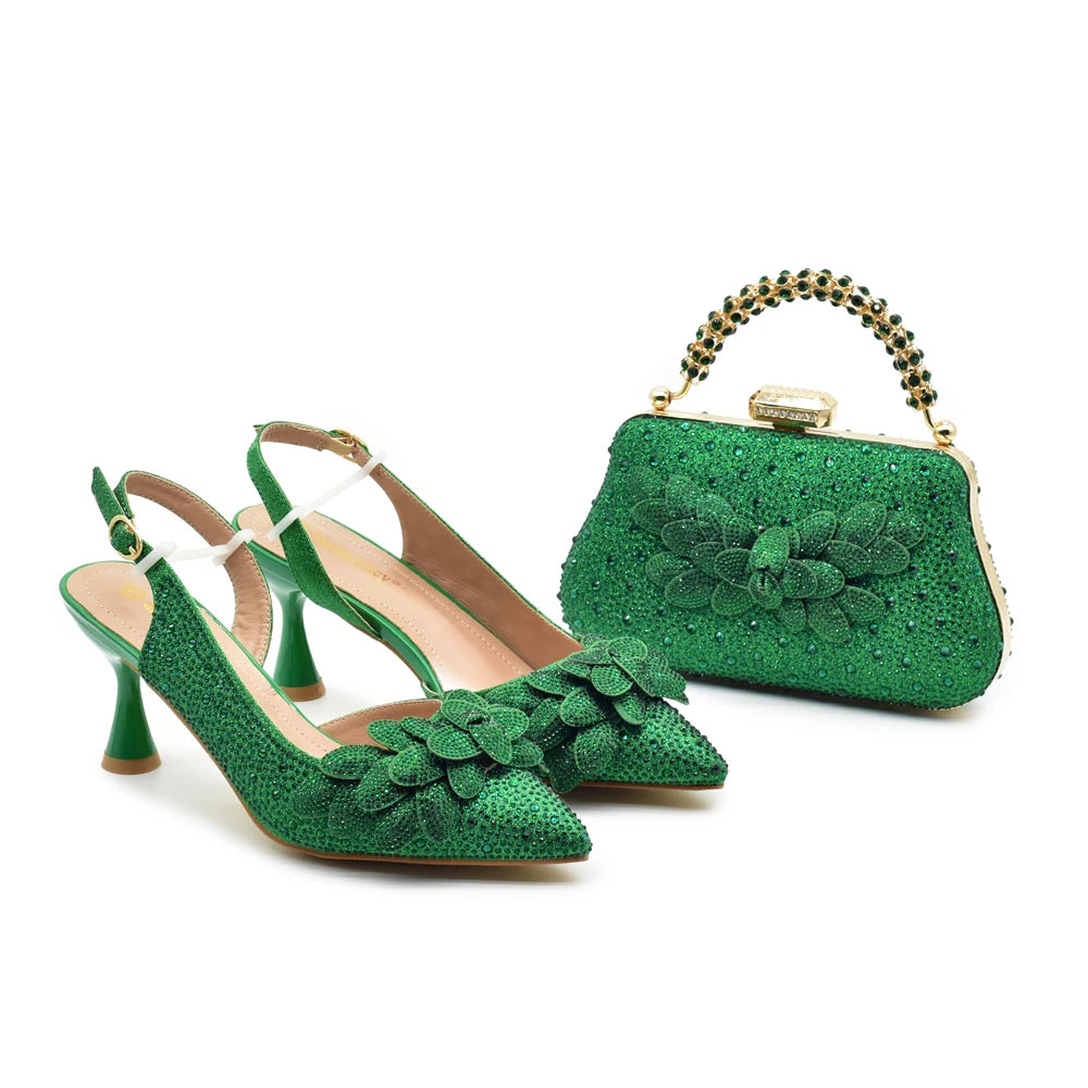 New Arrival Party Shoe and Bag Set for Women Italy Full Diamonds High Heels Luxury Woman Pumps Matching Italian Shoe and Bag Set