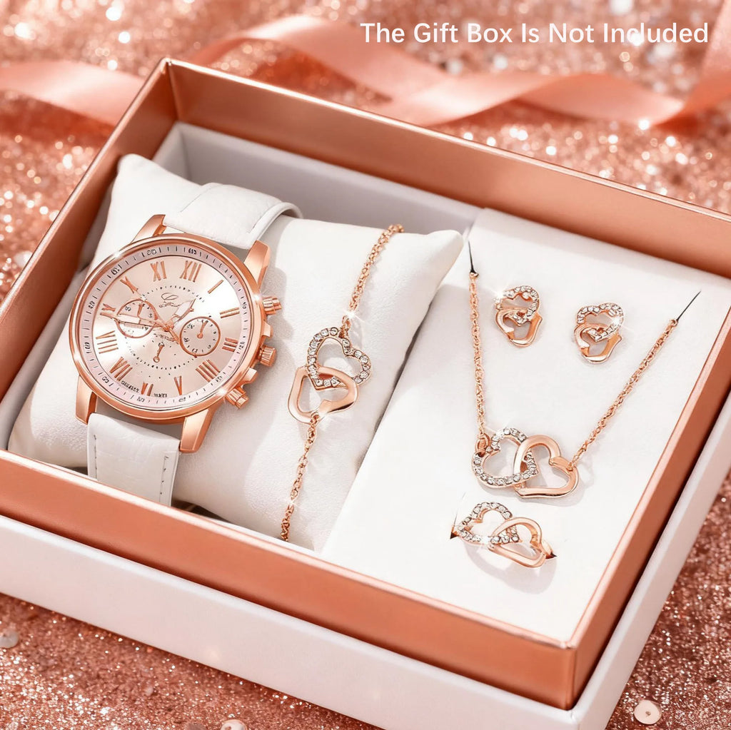 6PCS elegant ladies' round dial quartz watches with bracelet accessories set, suitable for daily wear