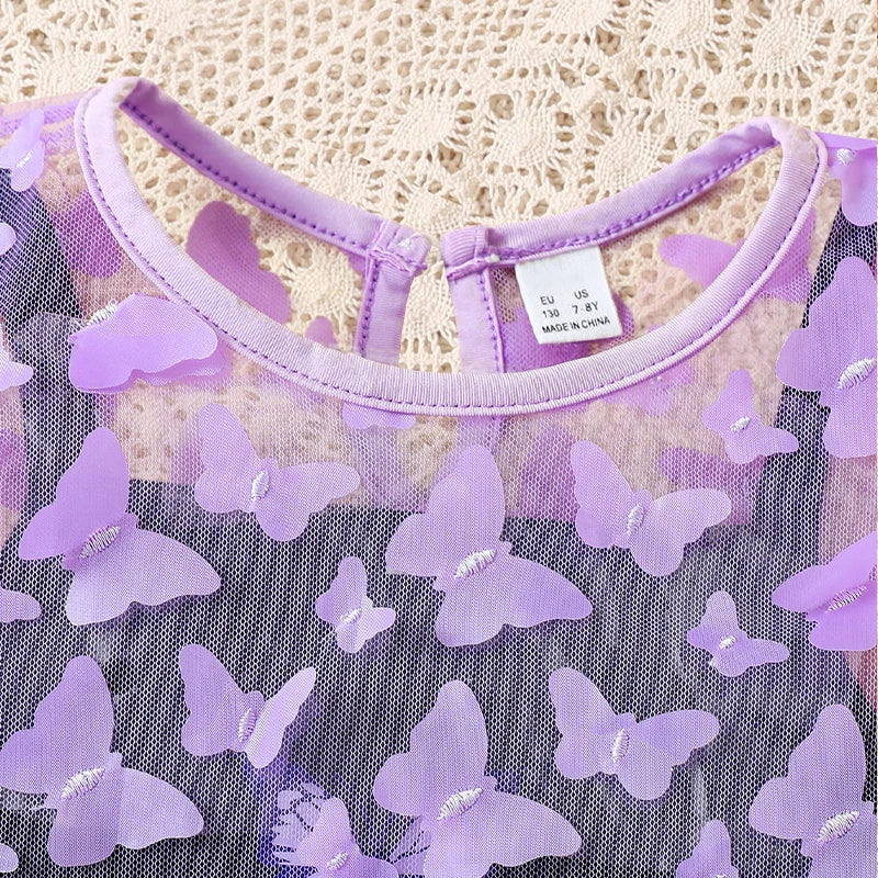 Girls' Summer Butterfly 2-Piece Dress & Tee Set - Stretchy, Comfortable & Easy-Care Kidswear