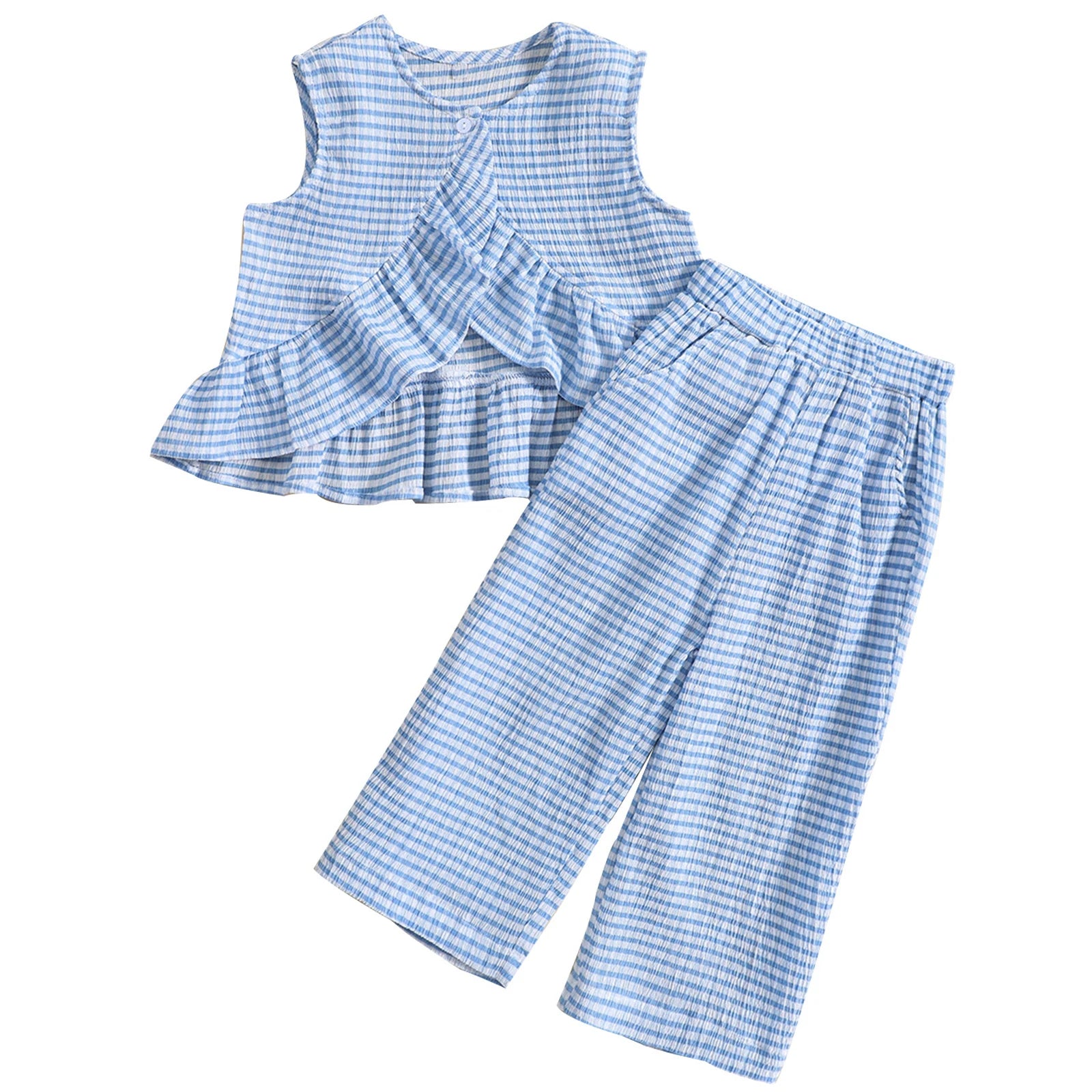 Summer Girls' Clothing Sets Plaid Fashion Version Personalized Top + Long Pants 2Pcs Baby Kids Children Clothes Suit