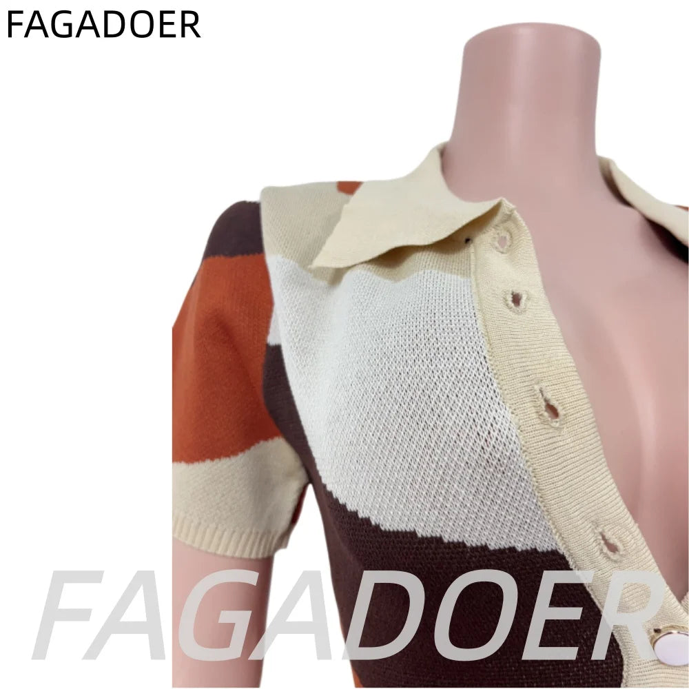 FAGADOER Fashion Knitting Color Stitching Bodycon Rompers Women V Neck Button Short Sleeve One Pieces Jumpsuits Female Overalls