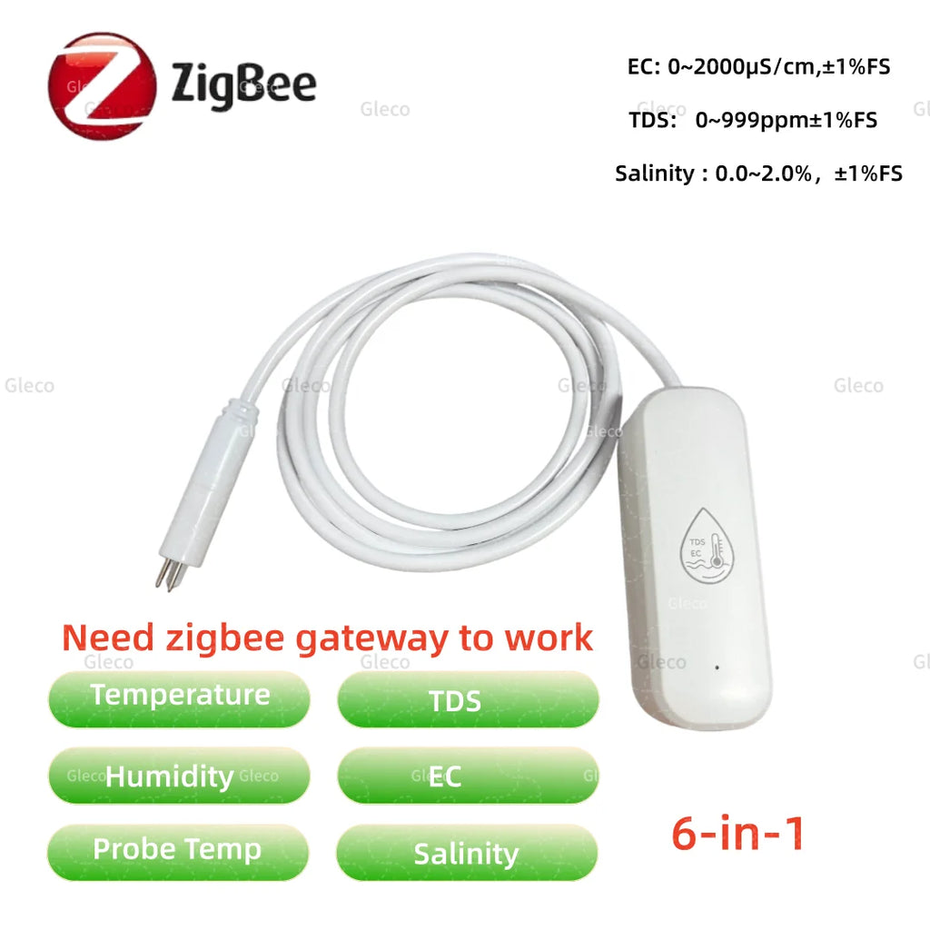 7in1 Zigbee Water Quality Monitor Smart Home Probe Temperature Humidity Sensor TDS SG Meter EC Salnity Tester For Zigbee2mqtt