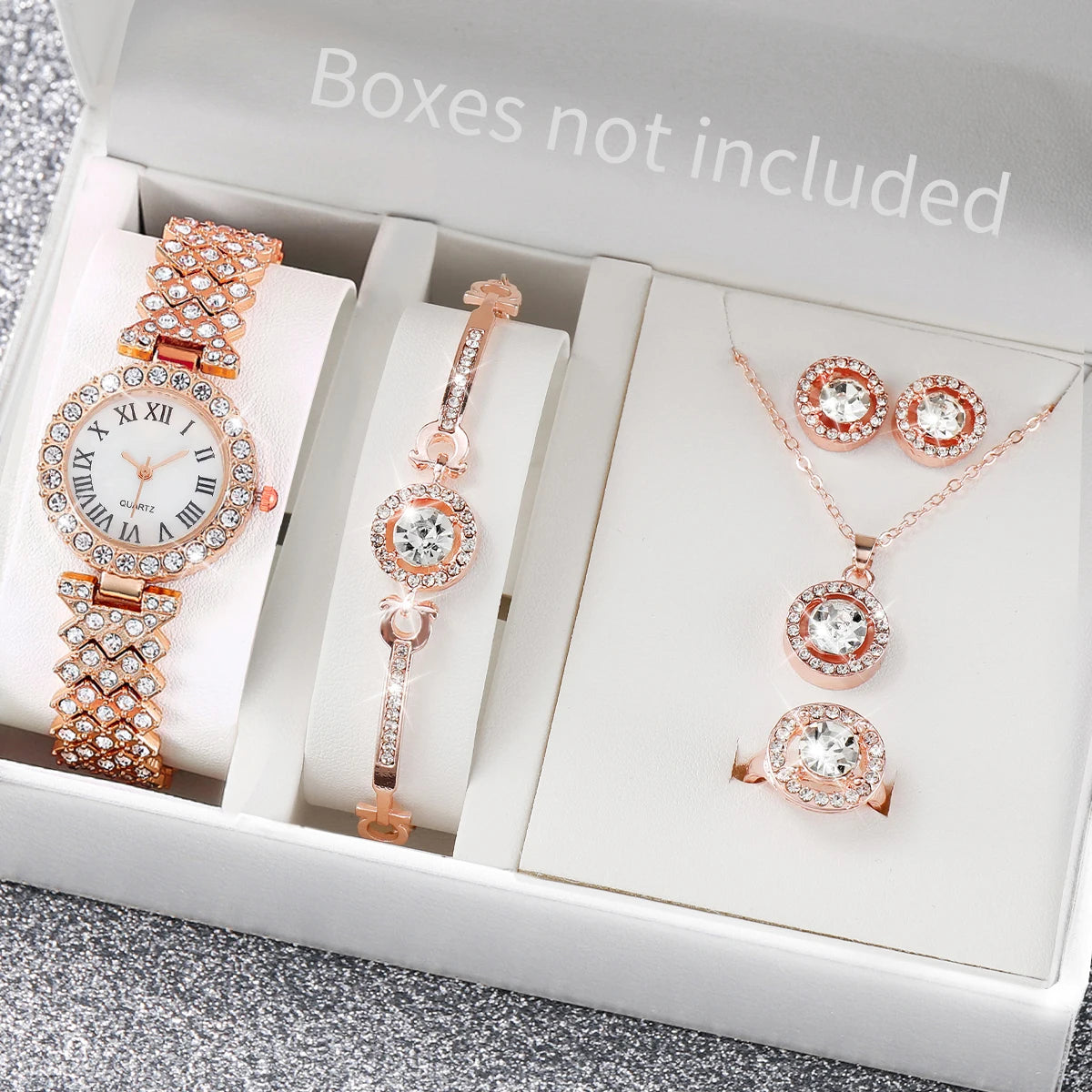6PCS/Set Luxury Women Watches Fashion Rhinestone Roma Dial Bracelet Band Quartz Watch Jewelry Set Reloj Mujer（Without Box）